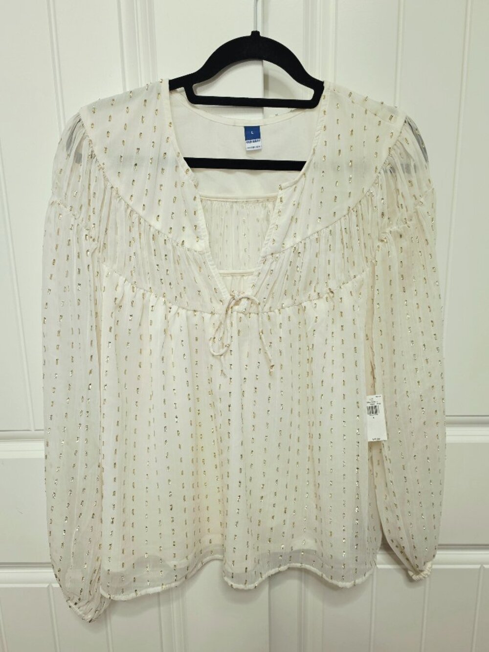 Old Navy Womens Large Ivory Gold Metallic Dot Sheer Tunic Peasant Boho Blouse
